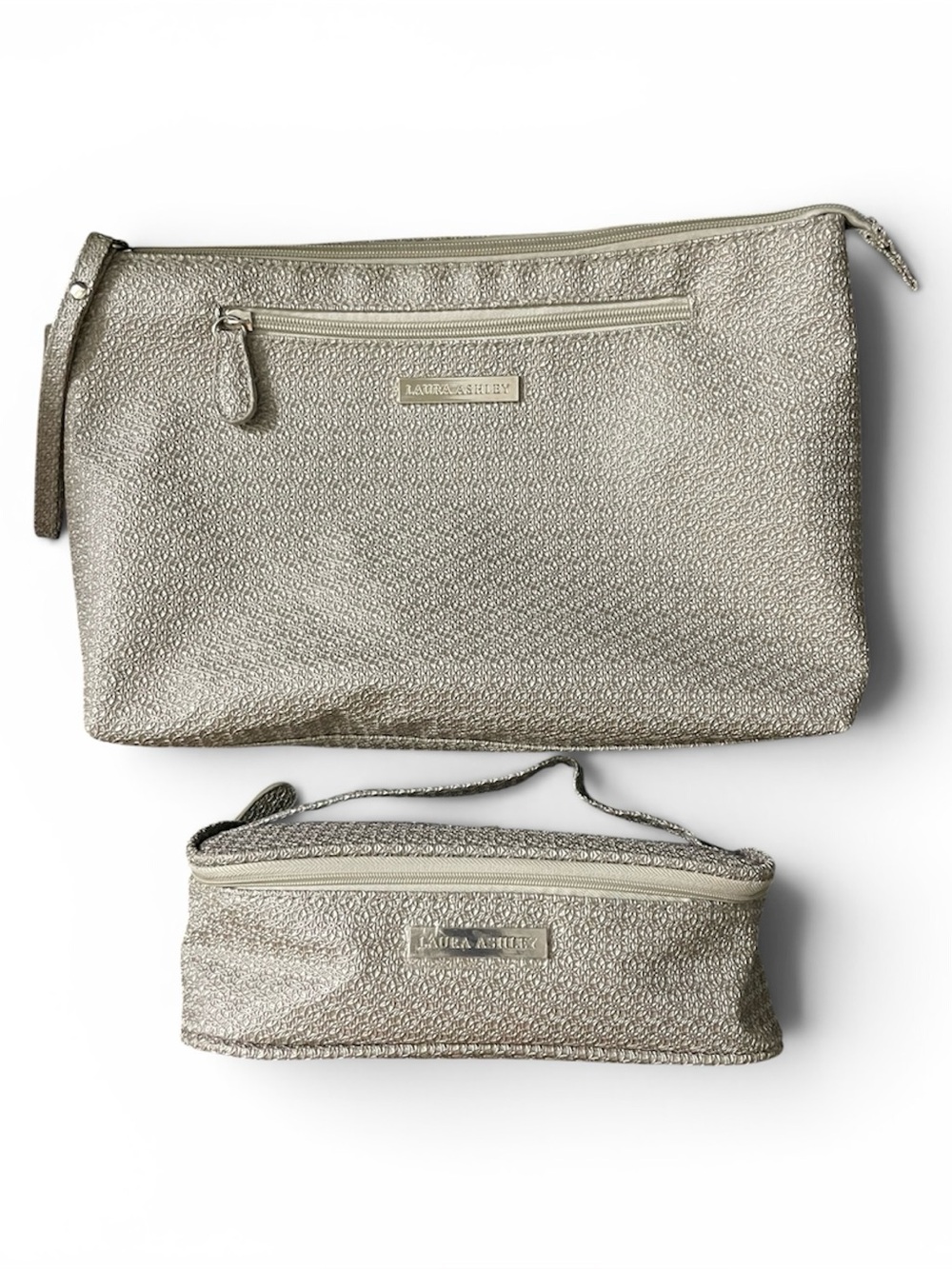 Laura Ashley Metallic Silvery Taupe Cosmetic Makeup Bag Set